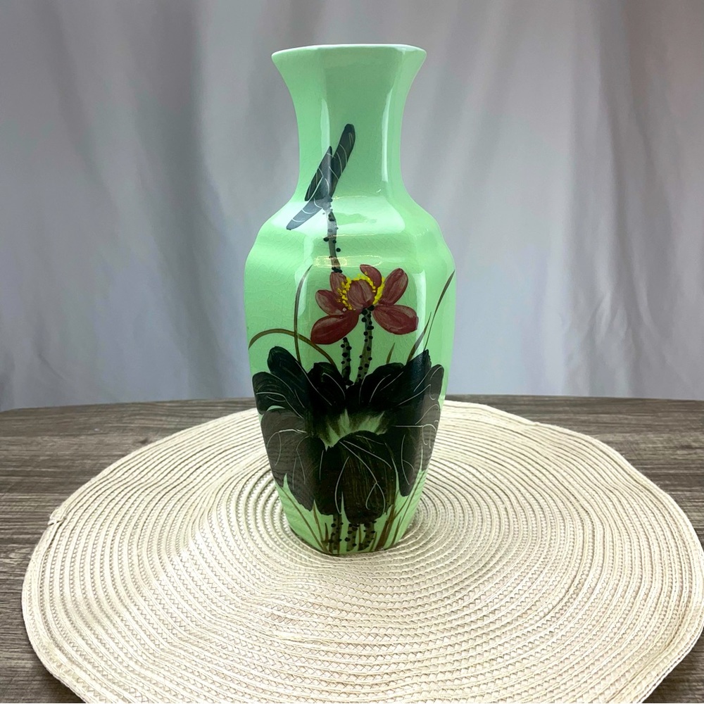 taiwan hand painted green and black floral vase